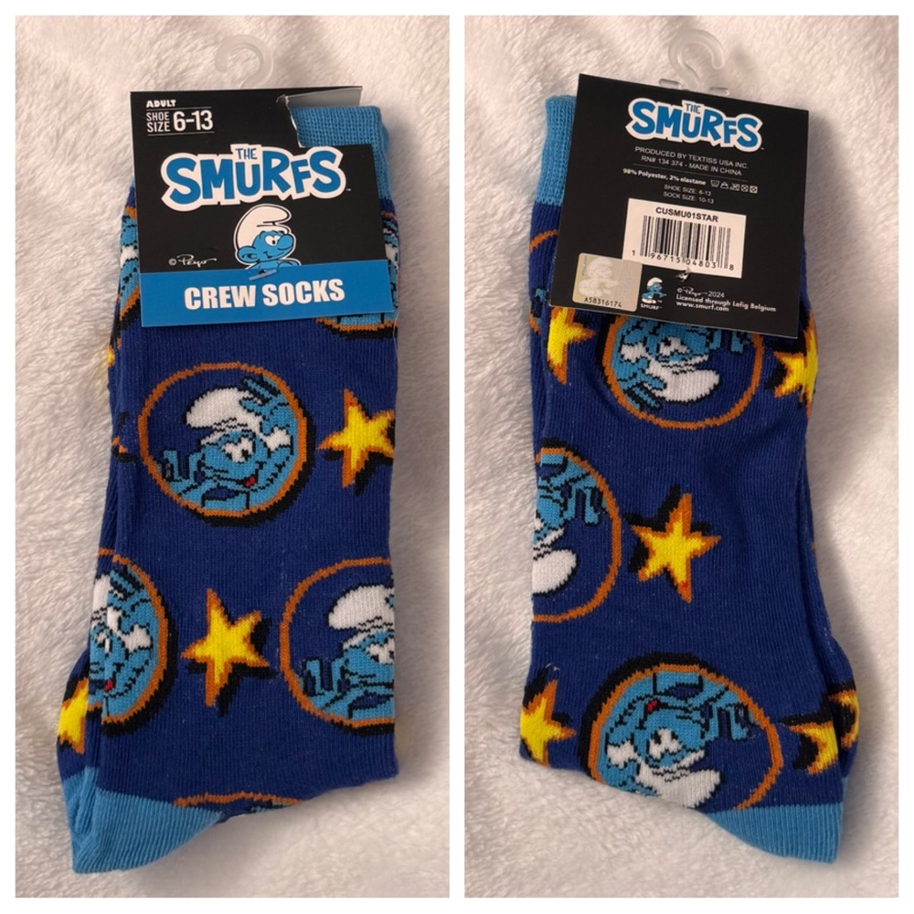 NWT 1 pair of Smurf crew socks - One size fits most adults sizes 6-13 - unisex